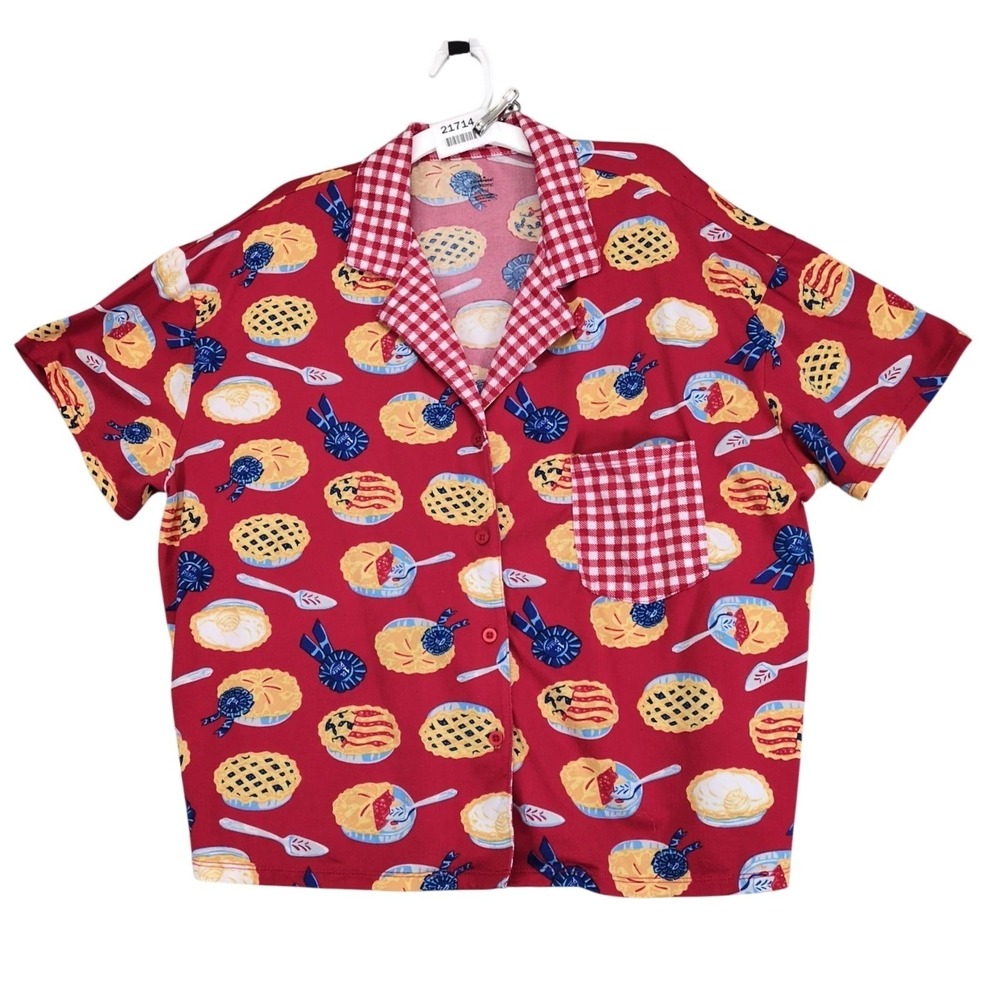 Celebrate! Patriotic Pie Print Gingham Blouse Womens XL Americana Soft Stretch